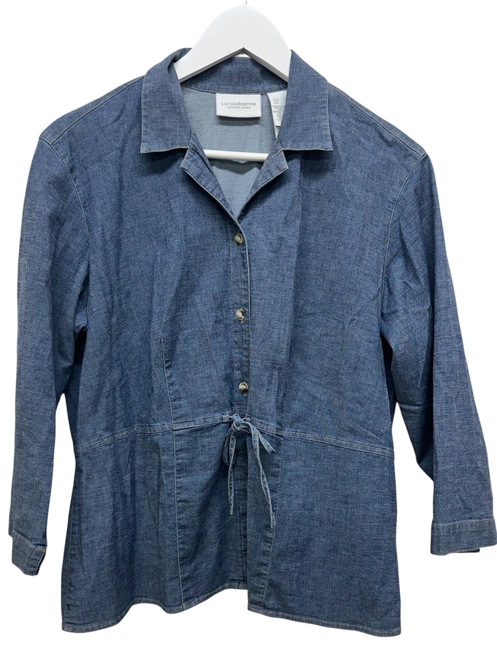 Liz Claiborne Women’s 90’s Y2K Jacket Blue Denim Button Up Drawstring Waist L